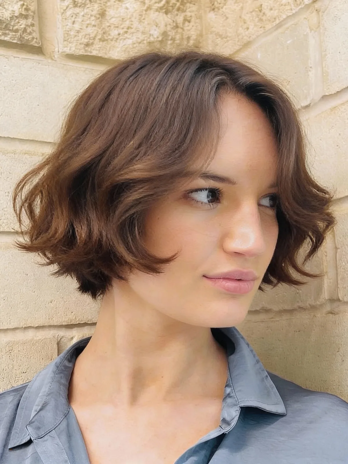Voluminous Warm Chestnut Wavy Bob with Side Bangs